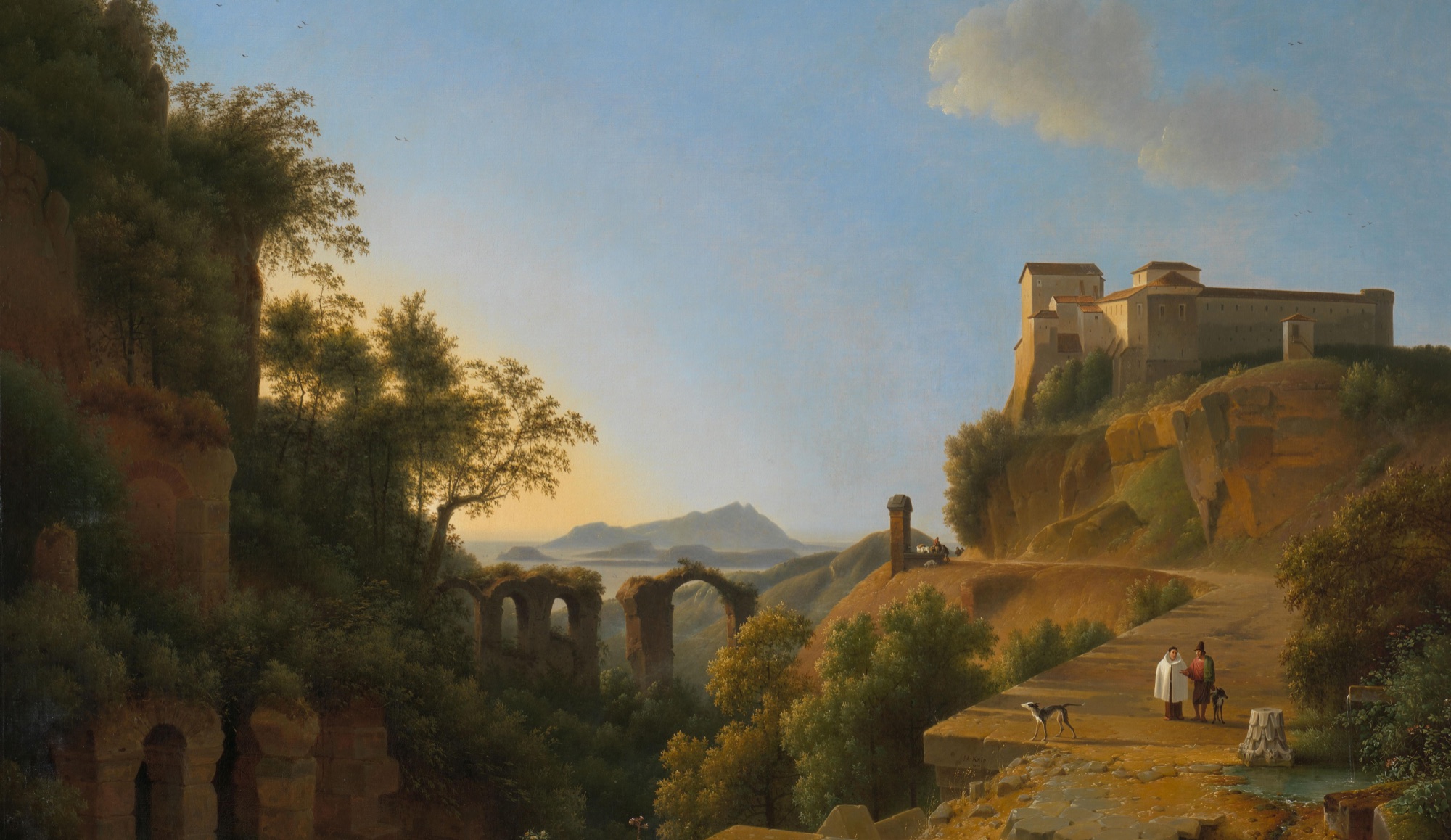 Italian Campagna at golden hour — classical landscape with ruins